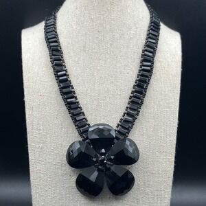 Butler & Wilson Necklace Black Glass Flower Beaded Statement Choker 16-18in‎